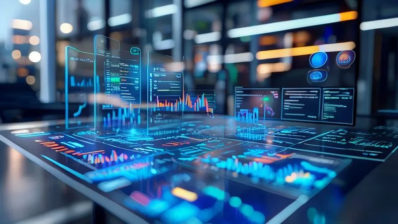 A photorealistic, professional photography image depicting a seamless integration of digital tax software interfaces, with data flowing effortlessly between different modules. Holographic financial charts and graphs float above a keyboard, representing automation and efficiency. The setting is a modern, ergonomic workspace with futuristic elements and soft, blue cinematic lighting, sharp focus on the interface, depth of field blurring the background, 8K hyper-detailed, shot on a high-end DSLR.