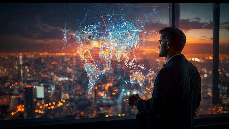 A photorealistic, professional photography image of a global business leader thoughtfully observing a complex, interconnected network of glowing lines and nodes projected onto a transparent screen, symbolizing global economic strategies and future tax landscapes. The leader is in a modern, high-rise office with city lights visible in the background, cinematic lighting, sharp focus on the leader and the projection, depth of field blurring the background, 8K hyper-detailed, shot on a high-end DSLR.