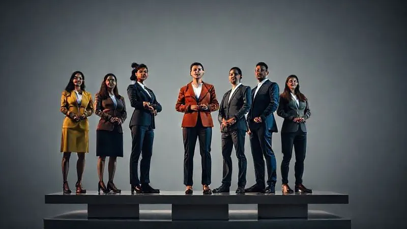 A photorealistic image of a diverse group of professionals standing on an equalized, level platform, symbolizing pay equity and fair opportunity. Soft, empowering cinematic lighting, sharp focus, depth of field, 8K, shot on a high-end DSLR, professional photography.