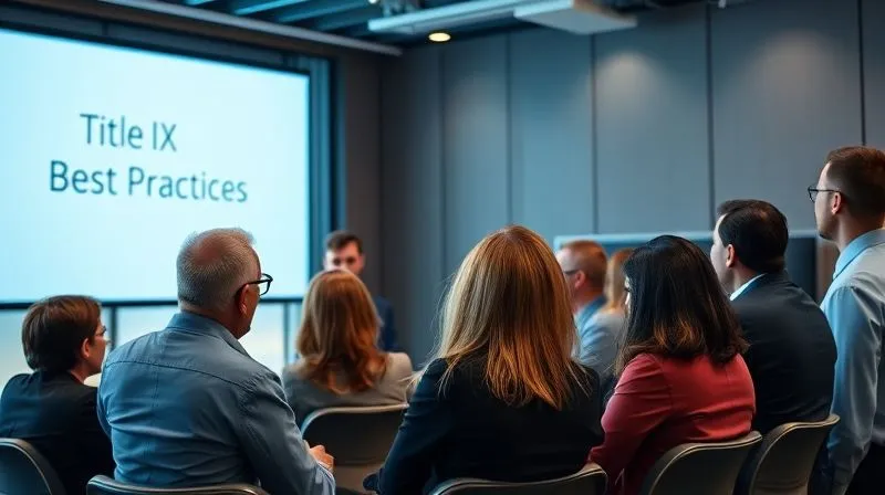A photorealistic image of a diverse group of professionals in a modern conference room, intently focused on a speaker presenting "Title IX Best Practices" on a large screen. The atmosphere is serious and collaborative, with cinematic lighting highlighting their engaged expressions, sharp focus on the group, depth of field blurring the background, 8K hyper-detailed.