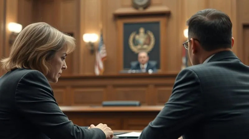 A photorealistic, professional photography image of a subtle, respectful courtroom scene from the perspective of the defense table, focusing on the determined expression of a parent and their attorney. The judge is visible in the background, out of sharp focus, symbolizing the legal process. Cinematic lighting, sharp focus on the parent and attorney, depth of field blurring the background. 8K hyper-detailed, shot on a high-end DSLR.