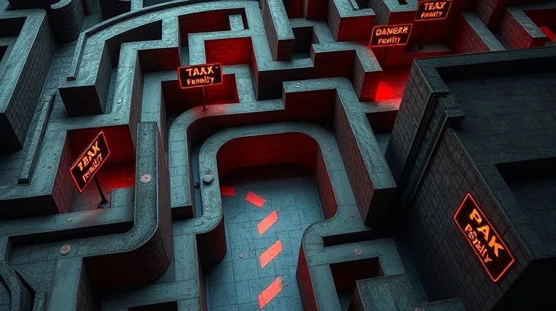 A photorealistic image of a winding, complex legal maze with glowing red pitfalls and 'tax penalty' signs, viewed from above, professional photography, 8K, cinematic lighting emphasizing the danger zones, sharp focus on the central path, depth of field blurring the distant walls, shot on a high-end DSLR, evoking a sense of caution and intricate navigation.