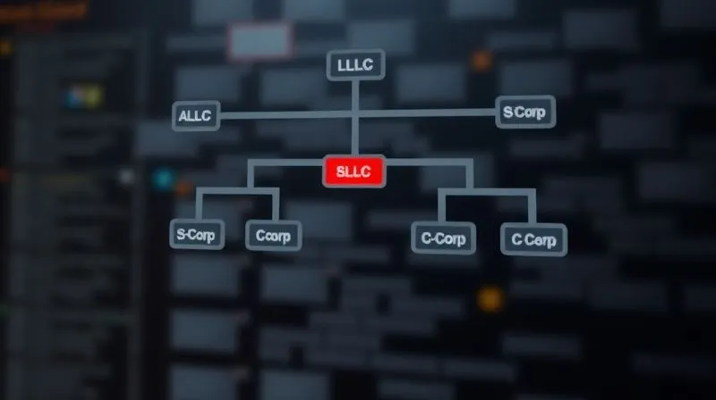 A photorealistic image of a complex decision tree or branching path diagram, with various business entity types (LLC, S-Corp, C-Corp) clearly marked at each branch, professional photography, 8K, cinematic lighting, sharp focus on the central choices, depth of field blurring the background, shot on a high-end DSLR, symbolizing strategic entity selection and alternative business paths.