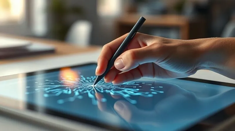 A photorealistic image of a human hand drawing on a digital tablet, while a subtle, glowing AI neural network pattern emerges from the tablet screen, symbolizing the interplay between human creativity and AI technology. Professional photography, 8K, cinematic lighting, sharp focus on the hands and tablet, depth of field blurring the background of a modern creative workspace, conveying innovation and legal complexity.