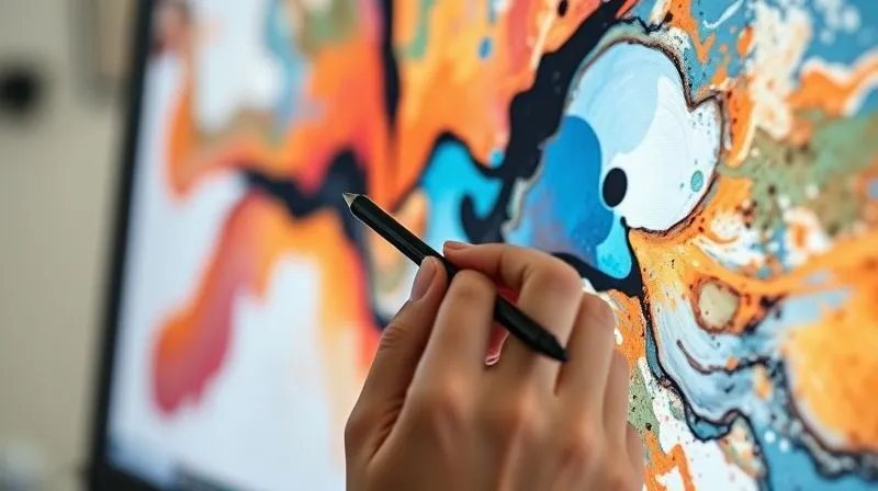 A photorealistic close-up of a designer meticulously editing an AI-generated digital abstract painting on a high-resolution monitor, their hand holding a stylus with precision, subtle light reflecting off the screen, emphasizing human refinement and artistic intervention. Professional photography, 8K, cinematic lighting, sharp focus on the editing process, depth of field blurring the background, conveying dedication and craftsmanship.