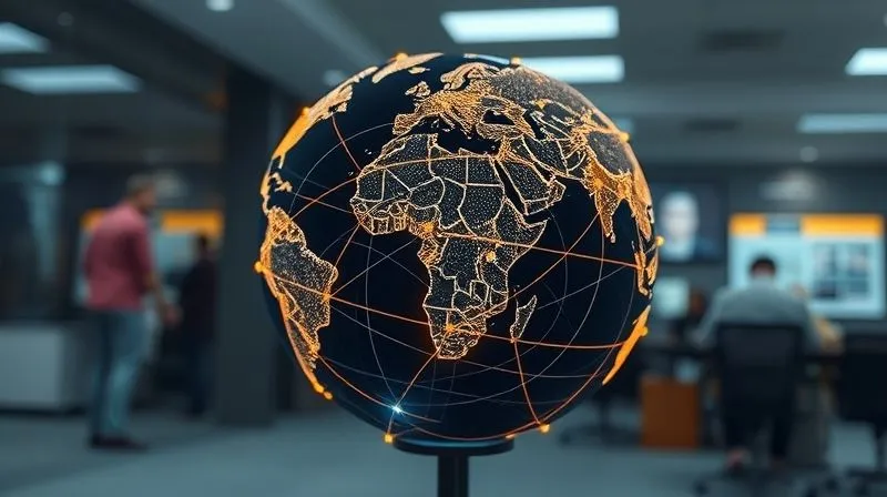 A photorealistic, professional photography shot of a globe illuminated with glowing lines connecting different continents, symbolizing legal frameworks and intellectual property laws, with digital data streams subtly flowing around it, representing AI content. 8K, cinematic lighting, sharp focus on the globe, depth of field blurring a modern office background, conveying global reach and evolving legal landscapes.