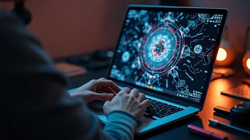 A photorealistic, professional photography image of a person intensely focused on a laptop screen, typing complex prompts into an AI art generator, with intricate, evolving digital art visuals subtly displayed on the screen. The scene is bathed in soft, creative lighting, emphasizing deep concentration and the iterative process of human-guided AI creation. 8K, cinematic lighting, sharp focus on the user and screen, depth of field blurring the creative tools on the desk.