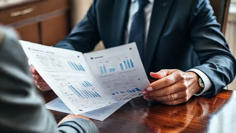 A photorealistic, professional image of a business appraiser, a person in a smart suit, sitting at a mahogany desk, meticulously explaining a detailed valuation report to a discerning client. The report has charts and graphs visible. Cinematic lighting, sharp focus on the report and their hands, depth of field blurring the background, 8K hyper-detailed, shot on a high-end DSLR.