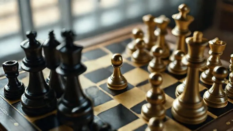 A photorealistic, high-angle shot of a chessboard with a complex, well-thought-out game in progress. The pieces are strategically positioned, suggesting foresight and careful planning. The lighting is dramatic and cinematic, highlighting key pieces, with a sharp focus on the board and a gentle depth of field blurring the background. 8K, shot on a high-end DSLR.