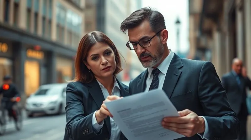 A photorealistic image of two legal professionals, one pointing at a section of a document while the other listens intently, both looking serious and focused, with a blurred background of a busy city street, cinematic lighting, sharp focus on the individuals and document, depth of field, 8K hyper-detailed, professional photography, shot on a high-end DSLR.