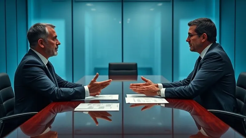 A photorealistic image of two lawyers in a modern, well-lit conference room, engaged in a serious negotiation, with legal documents spread across a polished table and one lawyer gesturing definitively, cinematic lighting, sharp focus on the individuals, depth of field blurring the background, 8K hyper-detailed, professional photography, shot on a high-end DSLR.