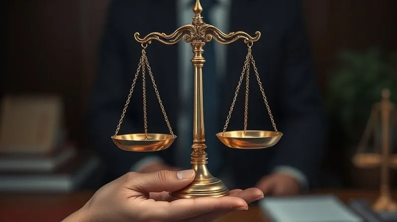 A photorealistic image of a hand holding a perfectly balanced set of old-fashioned brass scales of justice, with a soft glow emanating from the scales, set against a dark, subtly blurred legal office background, cinematic lighting, sharp focus on the scales, depth of field, 8K hyper-detailed, professional photography, shot on a high-end DSLR. The image conveys fairness and balance.