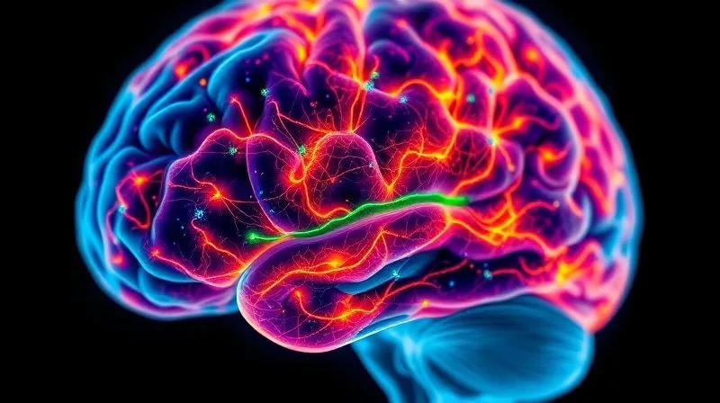 A photorealistic image of a brain scan (e.g., DTI or fMRI) showing intricate neural pathways or activated brain regions in vibrant colors, overlaid with scientific data points. The image is clean, high-tech, and suggests advanced medical diagnostics. Professional photography, 8K, cinematic lighting, sharp focus, depth of field, shot on a high-end DSLR.