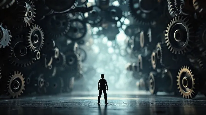 photorealistic, professional photography, 8K, cinematic lighting, sharp focus, depth of field, shot on a high-end DSLR. A complex, interconnected web of gears and cogs, some visible, some hidden in shadow, representing the intricate and often opaque strategies of an insurance company. A single, small human figure stands before it, looking determined but slightly overwhelmed, emphasizing the individual versus the corporate machine. The lighting is dramatic, highlighting the power imbalance. A subtle blur indicates the vastness of the system.
