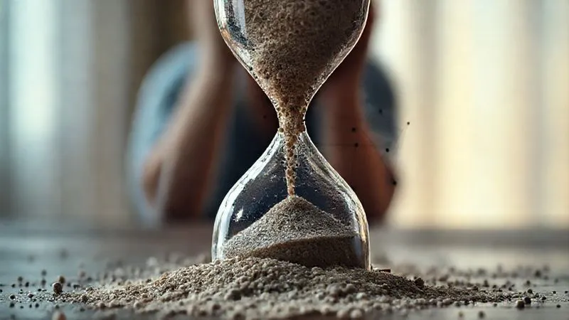 photorealistic, professional photography, 8K, cinematic lighting, sharp focus, depth of field, shot on a high-end DSLR. A shattered hourglass, with sand spilling out and forming a complex diagram of interconnected nodes and lines, representing the multifaceted and long-term impact of severe injuries. The background is a blurred, poignant image of a person struggling with daily tasks, conveying the 'loss of enjoyment of life' and future limitations. The lighting is melancholic but with a hopeful glint on some of the sand grains.