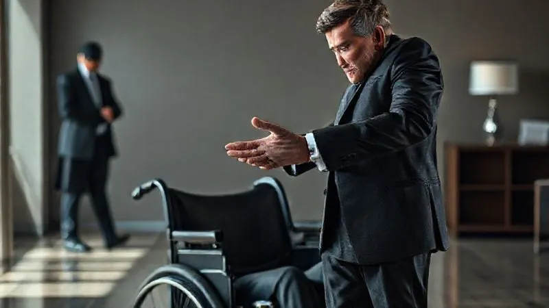 photorealistic, professional photography, 8K, cinematic lighting, sharp focus, depth of field, shot on a high-end DSLR. A determined, professional personal injury lawyer, in a sharp suit, stands protectively in front of a vulnerable figure in a wheelchair, who looks weary but hopeful. The lawyer is extending a hand to ward off a shadowy, aggressive corporate figure in the background, representing an insurance company. The scene is set in a modern, slightly dramatic law office, conveying advocacy and protection. The lighting emphasizes the strength and resolve of the lawyer.