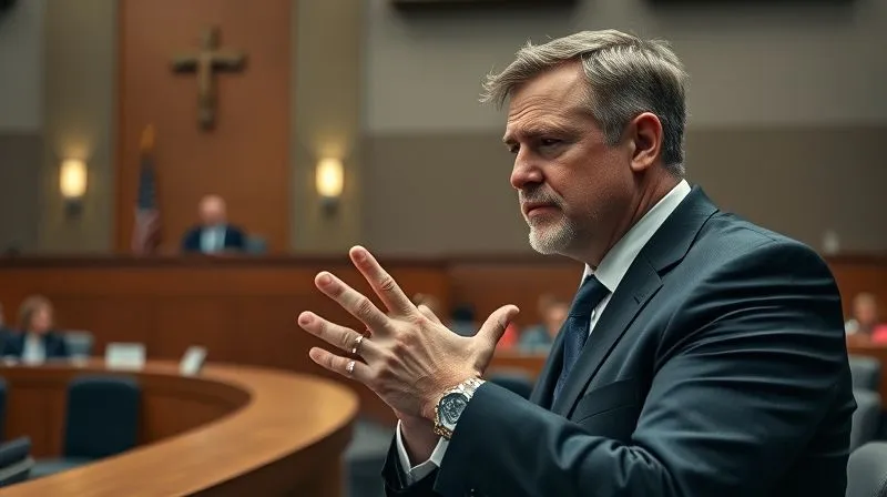 A photorealistic, professional photography shot of a confident tax defense attorney, mid-sentence, gesturing subtly during a legal presentation in a modern, well-lit courtroom. The attorney's face shows conviction and expertise, with sharp focus on their expression and hand, depth of field blurring the jury box and judge in the background. Cinematic lighting, 8K hyper-detailed, shot on a high-end DSLR.
