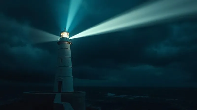 A photorealistic, professional photography shot of a powerful lighthouse beam cutting through a dark, stormy night sky, illuminating a path forward. The light symbolizes guidance, hope, and clarity amidst legal challenges. Cinematic lighting, sharp focus on the beam, depth of field blurring the distant turbulent sea. 8K hyper-detailed, shot on a high-end DSLR.