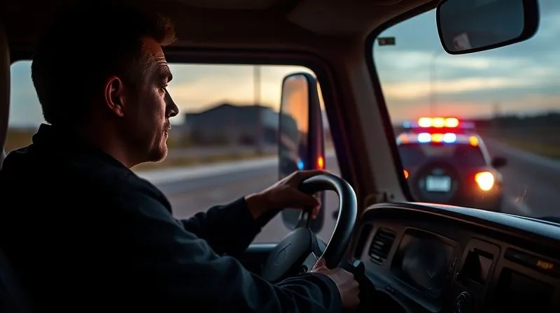 A photorealistic, professional image of a commercial truck driver, hands resting on a steering wheel, looking intensely at a police car's flashing lights in his rearview mirror. The scene is at dusk, with cinematic lighting creating dramatic shadows. Sharp focus on the driver's face and the mirror, depth of field blurring the background. Shot on a high-end DSLR, 8K hyper-detailed, conveying immediate tension.