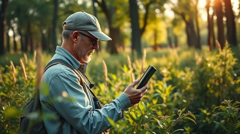 A photorealistic, professional photography, 8K, cinematic lighting, sharp focus, depth of field, shot on a high-end DSLR of a field biologist meticulously documenting plant species in a pristine natural area, using a tablet and camera, early morning light filtering through trees, symbolizing diligent stewardship.