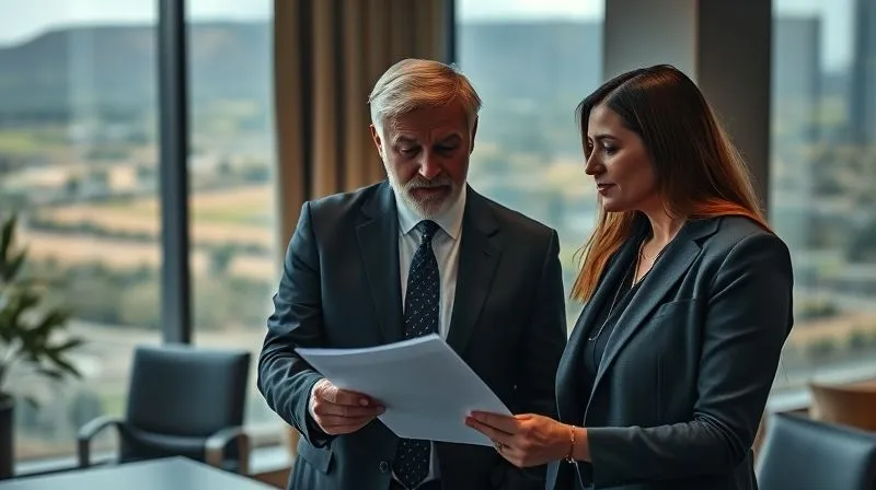 A photorealistic, professional photography, 8K, cinematic lighting, sharp focus, depth of field, shot on a high-end DSLR of two legal professionals, one an environmental lawyer, discussing documents in a well-appointed office, a large window overlooking a protected landscape, conveying strategic legal defense.