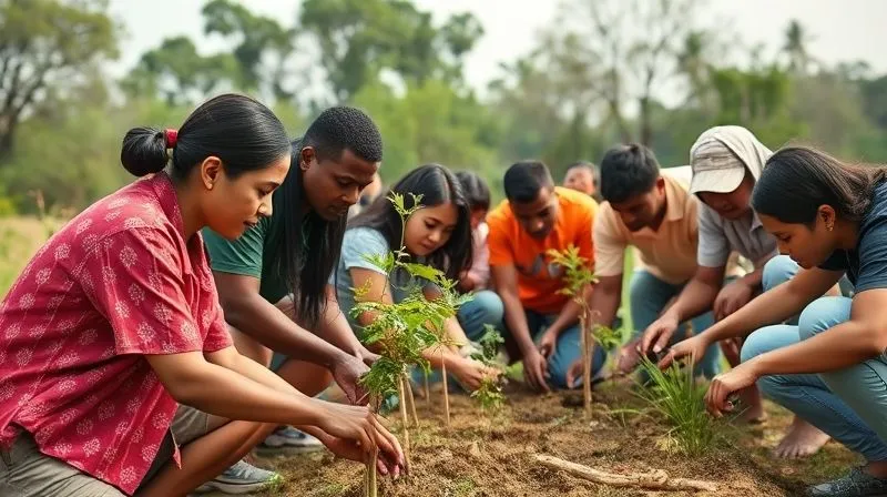 A photorealistic, professional photography, 8K, cinematic lighting, sharp focus, depth of field, shot on a high-end DSLR of diverse community members, young and old, participating in a land preservation event, perhaps planting trees or cleaning a natural area, symbolizing collective commitment and support for conservation.