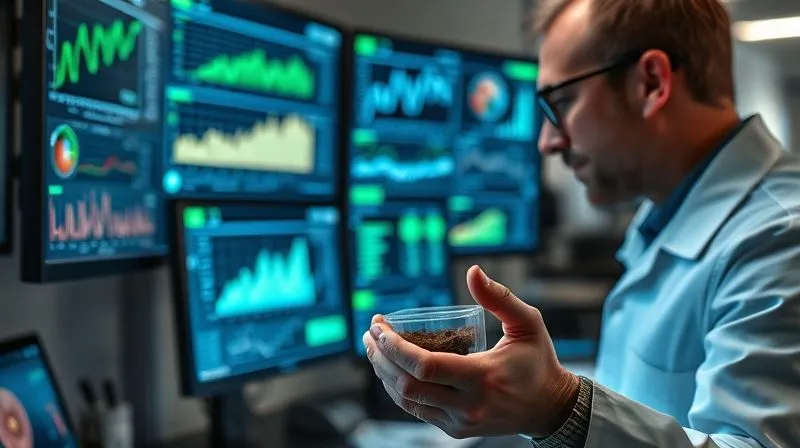 A photorealistic image of a scientist meticulously analyzing environmental data on multiple screens, with complex charts and graphs visible. In the foreground, hands are carefully examining soil samples or water quality tests. The setting is a modern lab, emphasizing precision and scientific rigor. Professional photography, 8K, cinematic lighting, sharp focus on the data and hands, depth of field blurring the background, shot on a high-end DSLR.