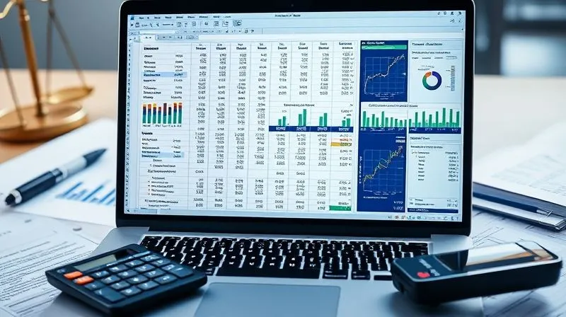 A photorealistic image of a detailed spreadsheet on a laptop screen, showing complex data analysis with graphs and charts, surrounded by legal documents and a calculator. The screen glows with soft, analytical light, emphasizing precision and data-driven insights. 8K, cinematic lighting, sharp focus on the laptop screen, depth of field. Shot on a high-end DSLR.
