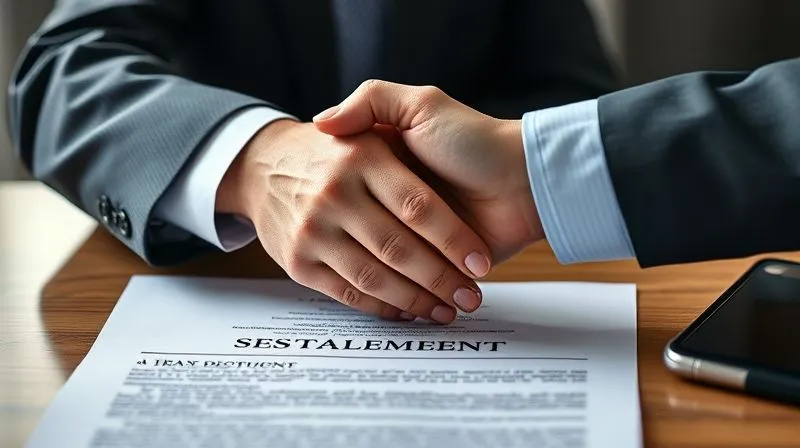 Photorealistic, professional photography, 8K, cinematic lighting, sharp focus, depth of field, shot on a high-end DSLR. Two hands, one belonging to a tax attorney and the other to an IRS agent, shaking hands over a blurred settlement document, symbolizing successful negotiation and resolution of a tax dispute, with a professional and serious atmosphere.