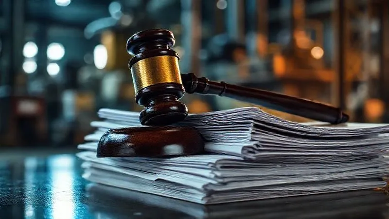 A photorealistic, professional photography, 8K, cinematic lighting, sharp focus, depth of field, shot on a high-end DSLR. A gavel resting on a stack of intricate legal documents, specifically environmental laws and court filings, with a blurred background of an industrial facility or a remediated hazardous waste site under a dramatic, low-angle light. The composition evokes legal authority and the complexity of environmental litigation.