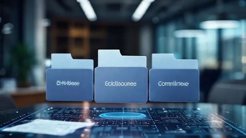 A photorealistic image of a digital document management system, with folders clearly labeled 'Evidence,' 'Disclosures,' and 'Compliance,' organized neatly on a holographic interface. Cinematic lighting, sharp focus on the central folder, depth of field blurring a background office setting, 8K hyper-detailed, professional photography, shot on a high-end DSLR.