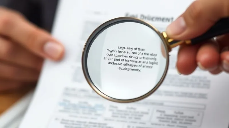 A photorealistic close-up image of a hand holding a legal document, with a magnifying glass hovering over it, emphasizing the careful examination of the document, sharp focus on the text, depth of field blurring the background, 8K hyper-detailed.