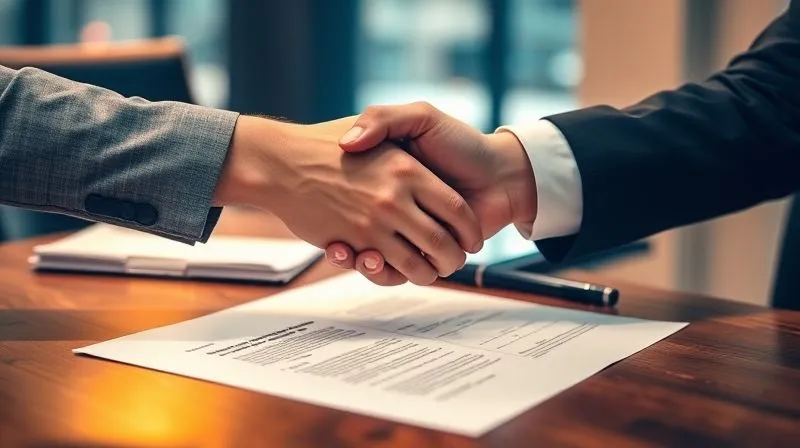 A photorealistic image of two hands shaking over a table with legal documents, symbolizing a successful negotiation and agreement, warm lighting, sharp focus on the hands, depth of field blurring the background, 8K hyper-detailed.
