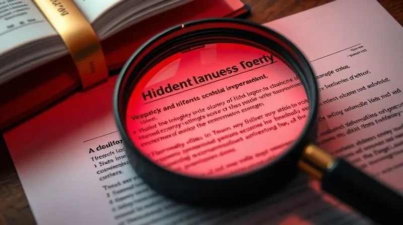 A photorealistic close-up of a complex mortgage document with specific clauses highlighted in red, symbolizing hidden dangers. A magnifying glass hovers over a section, emphasizing scrutiny. Cinematic lighting, sharp focus on the document, depth of field blurring a background of legal books. 8K hyper-detailed, professional photography, shot on a high-end DSLR.