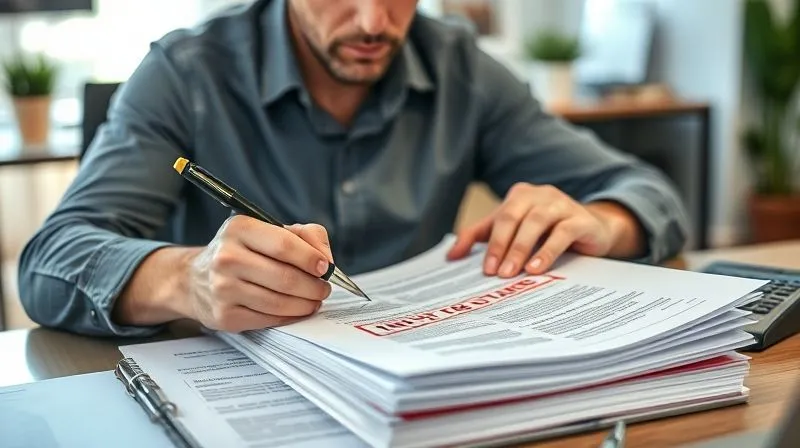 A photorealistic, professional image of a person sitting at a modern desk, meticulously reviewing a stack of mortgage documents with a pen and calculator. The individual's expression is focused and diligent, symbolizing careful consideration and due diligence. A 'No' stamp is visible on a rejected, unfair clause. Cinematic lighting, sharp focus on the documents and hands, depth of field blurring a background of a home office. 8K hyper-detailed, professional photography, shot on a high-end DSLR.