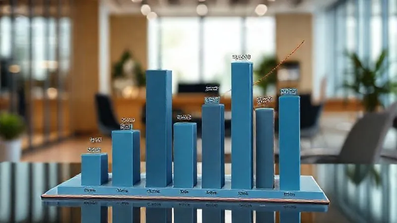A photorealistic 3D bar chart illustrating market share percentages for several competing companies in a dynamic industry. The chart shows one company with a significant but not monopolistic share, surrounded by numerous smaller but growing competitors. Cinematic lighting, sharp focus on the bar chart, depth of field blurring the background of a modern office interior. 8K hyper-detailed.
