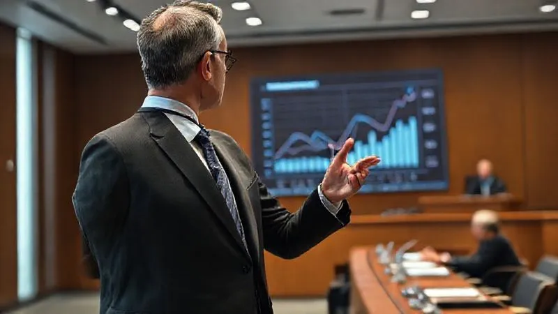 A photorealistic image of a distinguished economic expert, dressed in a sharp suit, confidently presenting complex data on a large digital screen in a modern courtroom setting. The expert is gesturing towards a detailed graph illustrating market competition, with attentive lawyers and a judge partially visible in the blurred background. Cinematic lighting, sharp focus on the expert and screen, depth of field. 8K hyper-detailed.