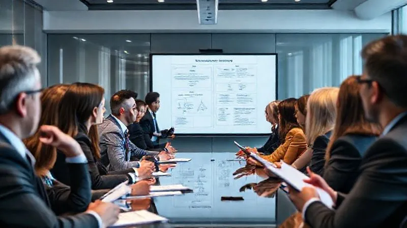 A photorealistic image of a diverse group of corporate professionals (various ages and ethnicities) intently participating in an anti-trust compliance training session in a modern corporate boardroom. A trainer is presenting on a screen with legal diagrams, and participants are taking notes. The atmosphere is serious and educational. Cinematic lighting, sharp focus on the participants, depth of field blurring the background. 8K hyper-detailed.