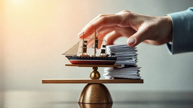A hand places a small, intricate model ship onto a balance scale, with a stack of legal documents on the other side, symbolizing negotiation and alternative security. Photorealistic, professional photography, 8K, cinematic lighting, sharp focus on the scale and ship, depth of field blurring the background, shot on a high-end DSLR.
