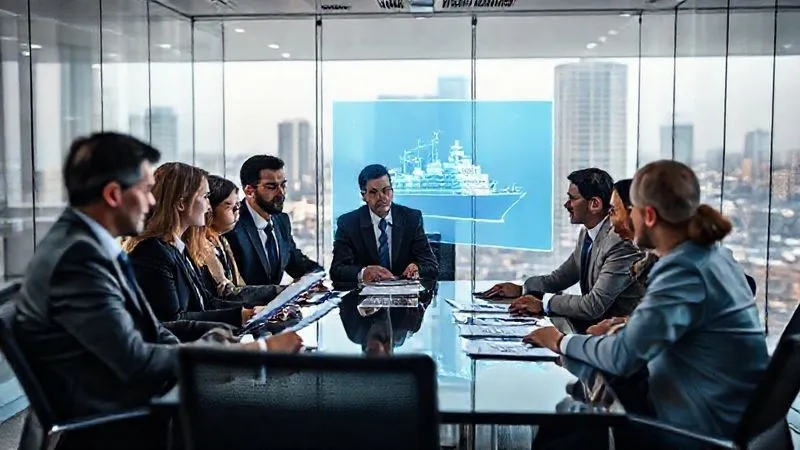 A diverse team of maritime lawyers and experts in a modern, glass-walled conference room, intensely discussing documents and looking at a holographic projection of a ship. Photorealistic, professional photography, 8K, cinematic lighting, sharp focus on the team, depth of field blurring the city background, shot on a high-end DSLR.