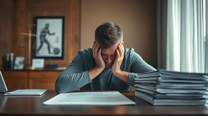 A photorealistic, professional photography, 8K, cinematic lighting, sharp focus, depth of field, shot on a high-end DSLR, depicting a worried athlete, head in hands, sitting at a table with a stack of legal documents and a stern-looking lawyer in the background, symbolizing the immediate crisis and need for legal intervention.