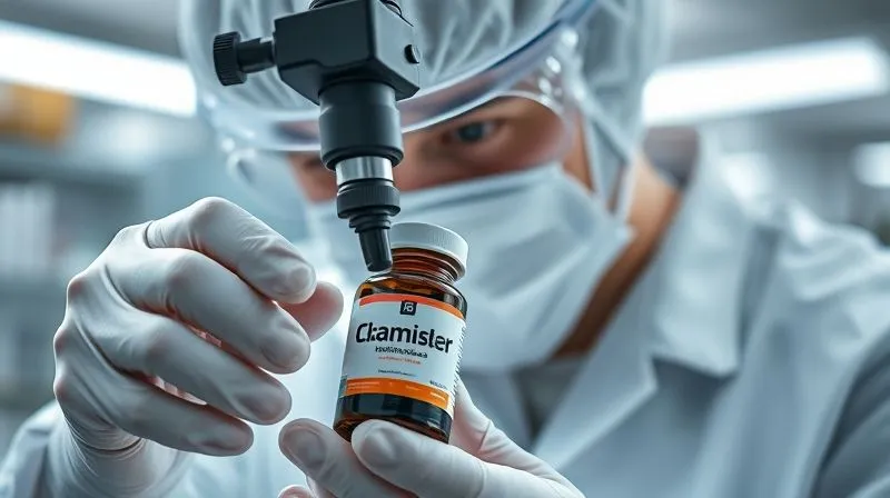 A photorealistic, professional photography, 8K, cinematic lighting, sharp focus, depth of field, shot on a high-end DSLR, depicting a lab technician in a sterile environment meticulously examining a branded supplement bottle with a magnifying glass, emphasizing the detailed investigation into potential contamination.