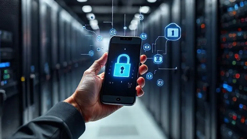 A photorealistic image of a person's hand holding a smartphone, with digital lock icons and encrypted data streams flowing around it, against a blurred background of a complex network or server room. Professional photography, 8K, cinematic lighting, sharp focus on the phone, depth of field, shot on a high-end DSLR.
