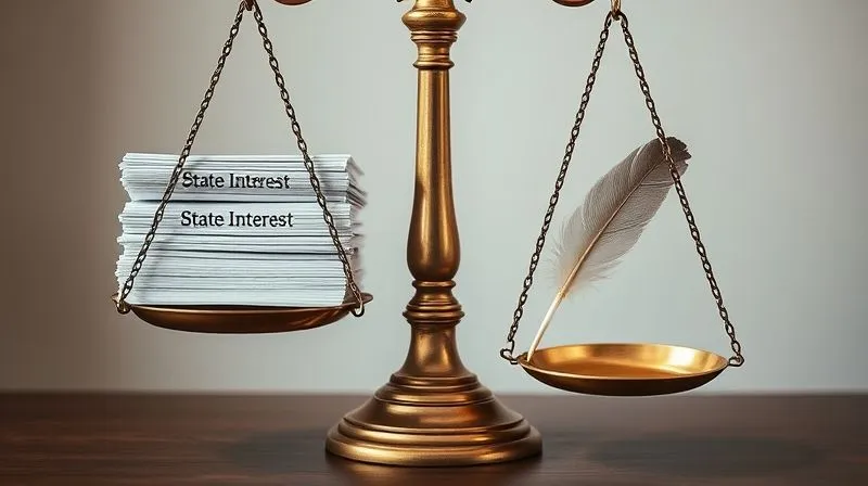 A photorealistic image of a vintage brass scale of justice, perfectly balanced, with one pan holding a stack of legal documents labeled 'State Interest' and the other holding a small, delicate feather labeled 'Interstate Burden'. Cinematic lighting, sharp focus, depth of field, 8K hyper-detailed, shot on a high-end DSLR.