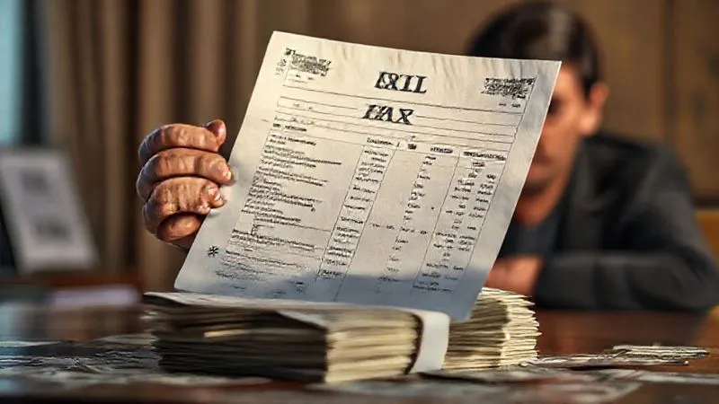 A photorealistic, professional photography, 8K, cinematic lighting, sharp focus, depth of field shot on a high-end DSLR of a large, imposing tax bill document casting a long shadow over a stack of money, symbolizing significant wealth erosion, with a worried expression on a blurred background figure.