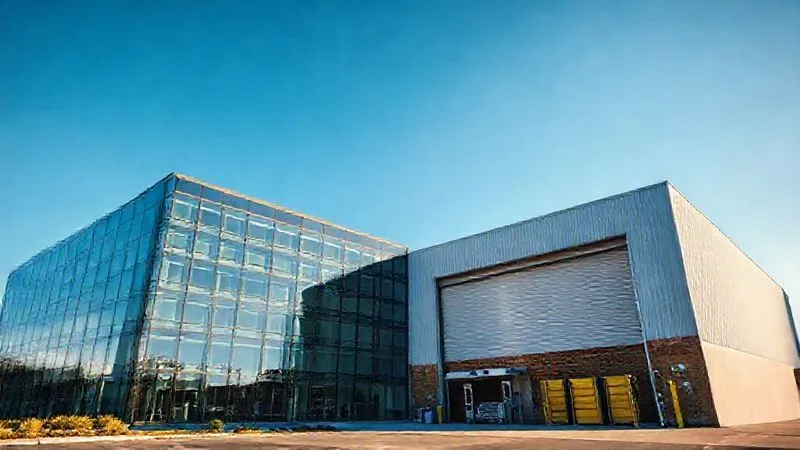 A photorealistic, professional photography, 8K, cinematic lighting, sharp focus, depth of field shot on a high-end DSLR of two distinct commercial properties (e.g., an office building and a warehouse) seamlessly merging into one another, symbolizing a like-kind exchange, under a clear blue sky.