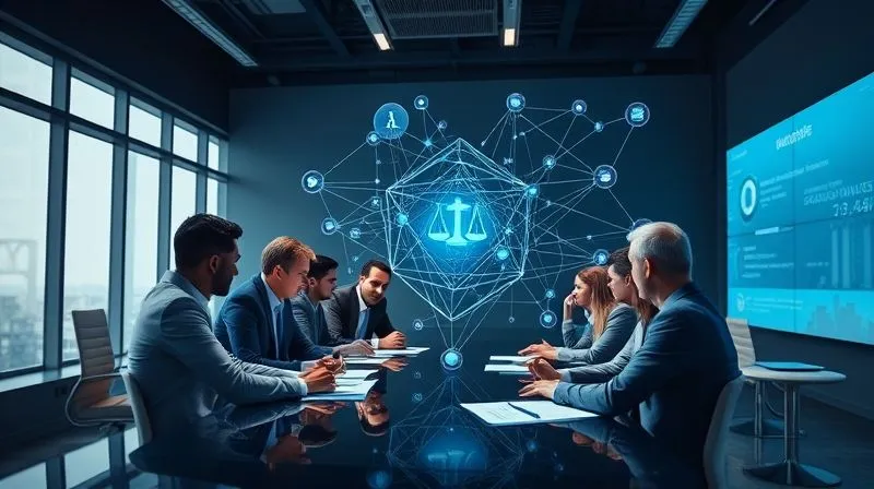 A photorealistic, professional photography, 8K, cinematic lighting, sharp focus, depth of field, shot on a high-end DSLR. A diverse group of international legal experts, technologists, and policymakers collaboratively interacting with a holographic, transparent 3D projection of a complex legal framework, showing interconnected nodes and pathways. The setting is a modern, high-tech conference room, with a sense of focused, forward-looking dialogue.