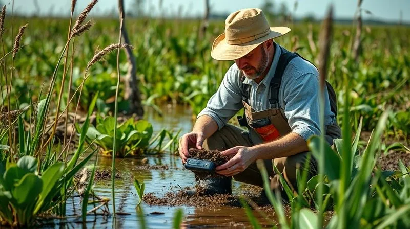 A photorealistic, professional photography, 8K image of an environmental scientist in waders, meticulously collecting soil samples in a marshy wetland, with a GPS device in hand, surrounded by dense wetland vegetation, under a clear sky, cinematic lighting, sharp focus on the scientist's work, depth of field blurring the background, shot on a high-end DSLR.