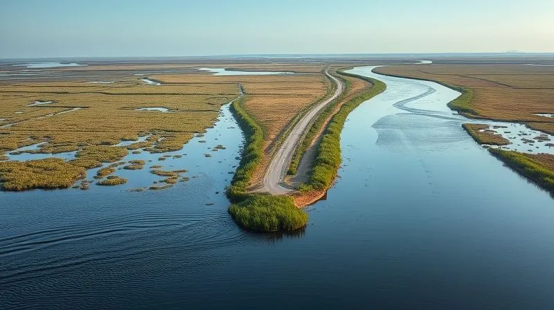 A photorealistic, professional photography, 8K image illustrating a wetland separated from a flowing river by a distinct, narrow strip of dry land and a small road, emphasizing the lack of a "continuous surface connection." The river is clearly navigable, but the wetland is visually isolated, cinematic lighting, sharp focus on the separation, depth of field blurring the distant background, shot on a high-end DSLR, conveying legal distinction.