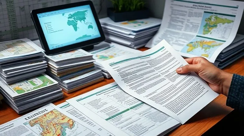 A photorealistic, professional photography, 8K image of a meticulously organized desk with stacks of environmental reports, maps, legal documents, and a tablet displaying regulatory guidelines. A hand is highlighting a key section in a document, cinematic lighting, sharp focus on the documents, depth of field blurring the background, shot on a high-end DSLR, conveying diligent record-keeping.